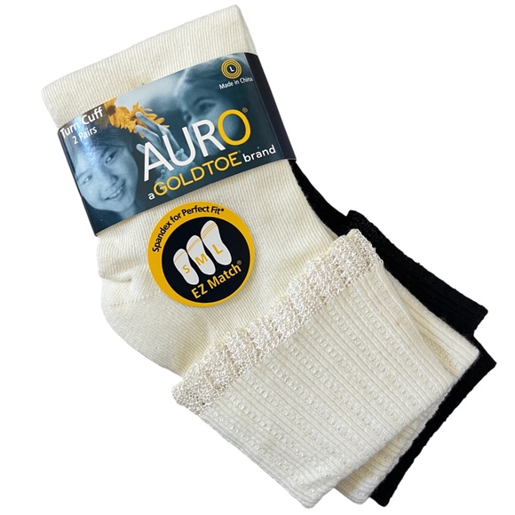 NWT Gold Toe Womens Auro Ruffled Turn Cuff Socks 2 Pairs Off White Black - Picture 1 of 7